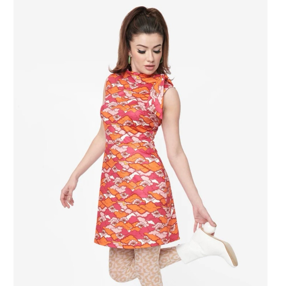 Smak Parlour Pink & Orange Psychedelic Eye Mock Neck Dress.